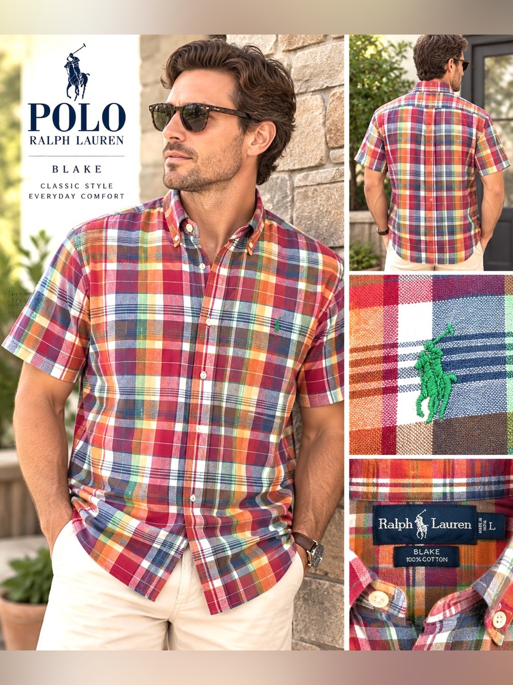 Ralph Lauren Blake Shirt Mens L Multicolor Plaid Short Sleeve Cotton Button Down